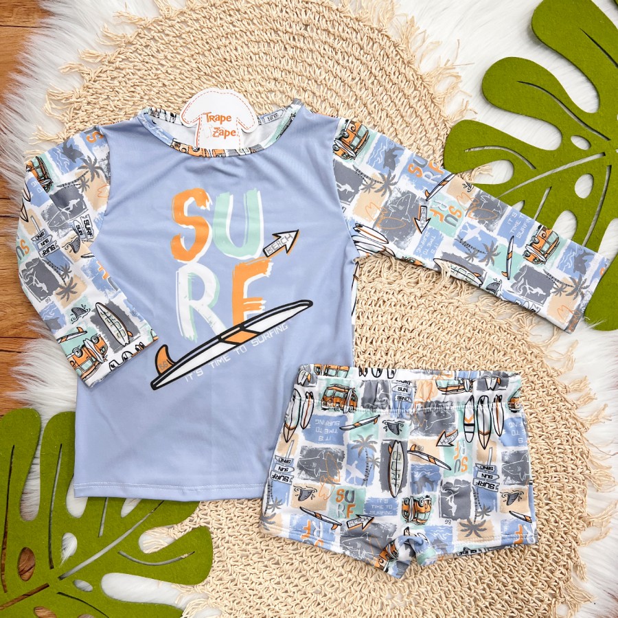 Linha Praia - Blusa Manga Longa com Proteção UV50+ Surf e Sunga - Azul